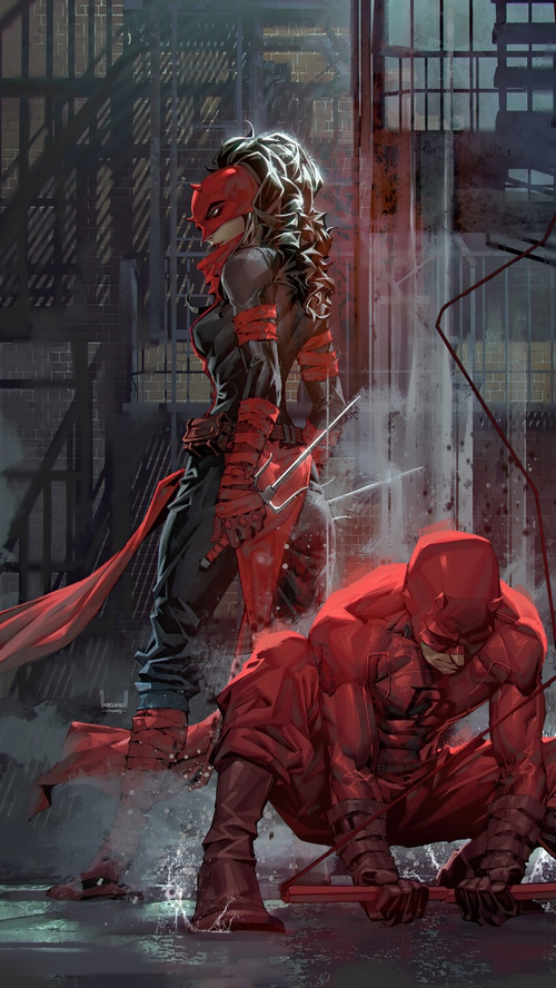 Daredevil and Elektra in a rainy alley