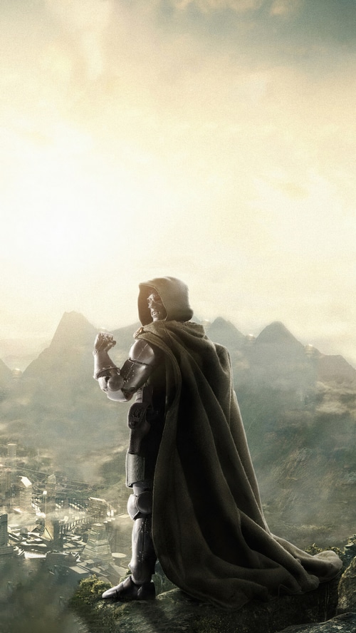 Doctor Doom standing on a cliff overlooking a city