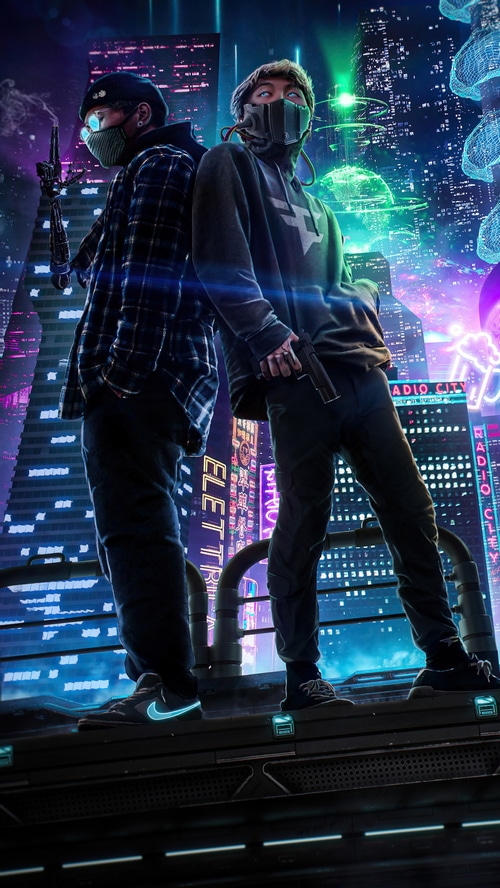 Two men with masks and guns in a cyberpunk city