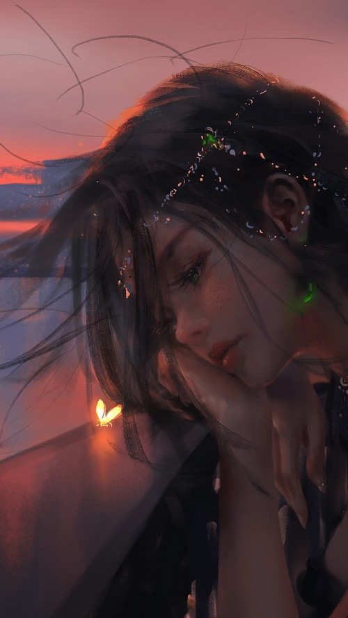 Fantasy girl with fireflies at sunset