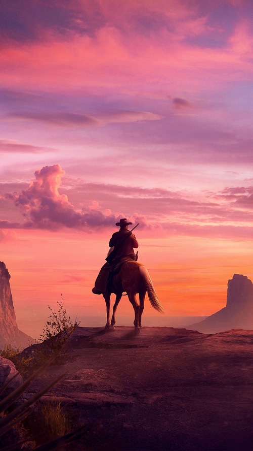 Cowboy on horseback at sunset