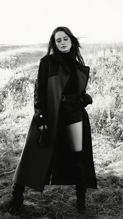Madelaine Petsch in a black coat and shorts