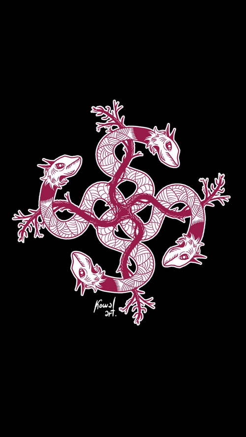 Four intertwined serpents with tree branches