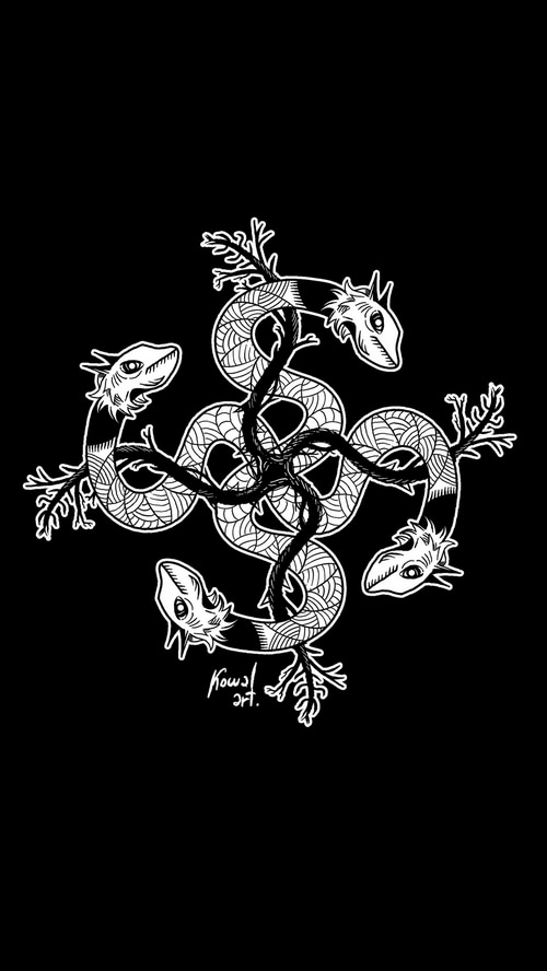 Artwork of intertwined snakes with branches