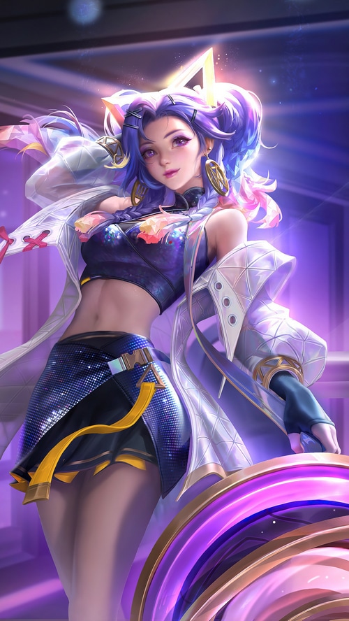 Honor of Kings character with purple hair and sparkly outfit