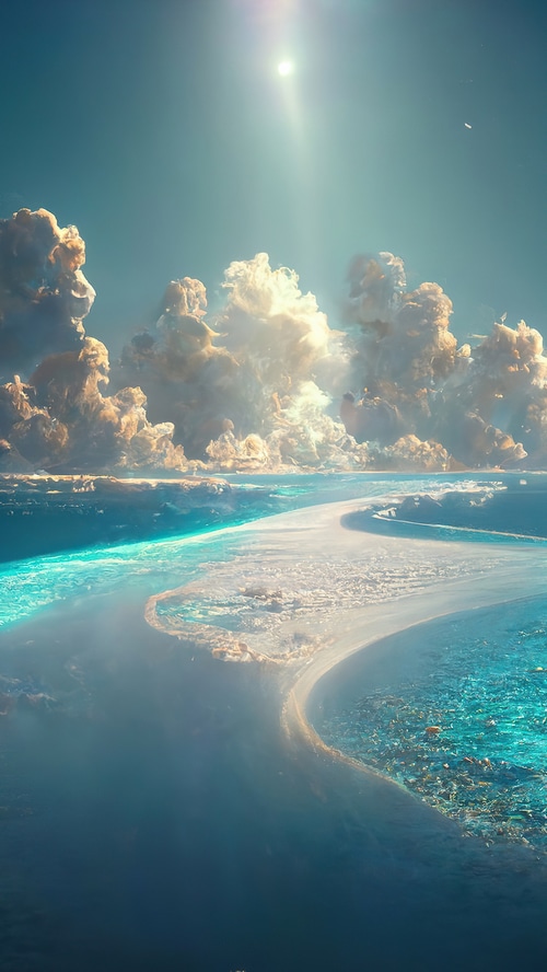 Digital art of a surreal ocean landscape with clouds