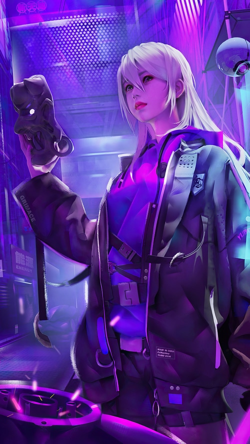 Cyberpunk girl holding a mask in a neon city