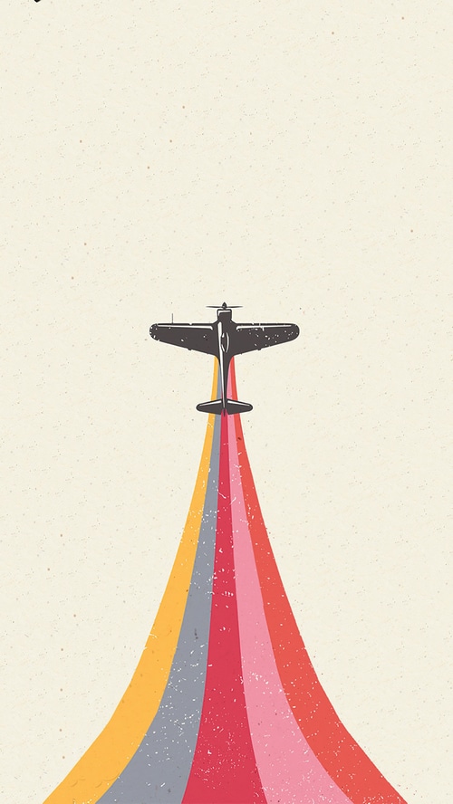 Minimalist airplane flying with rainbow trail