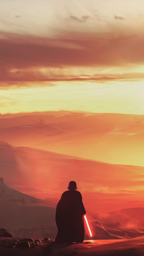 Darth Vader with red lightsaber on a desolate planet
