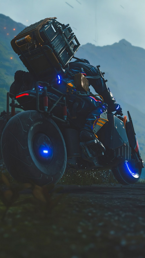 Death Stranding character on a vehicle