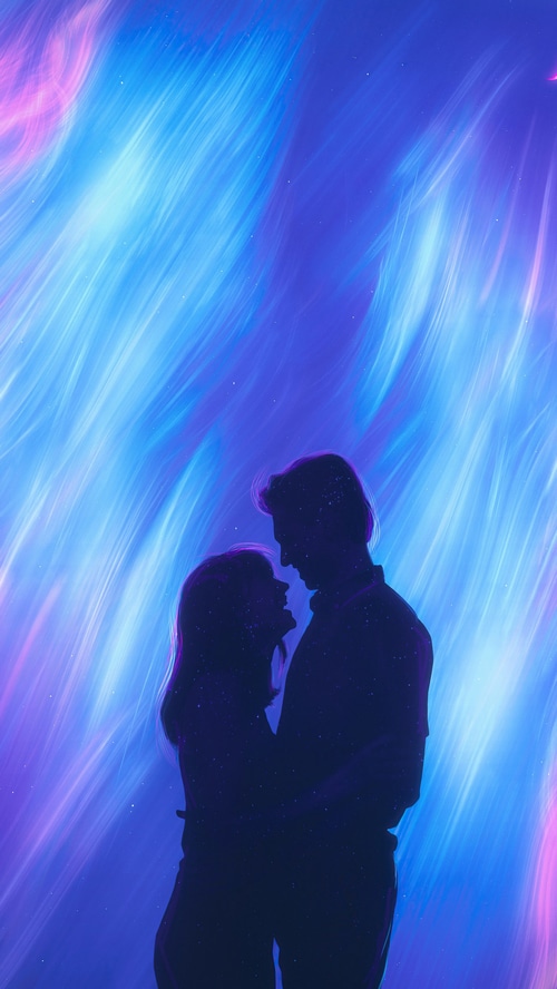Couple silhouetted against aurora borealis
