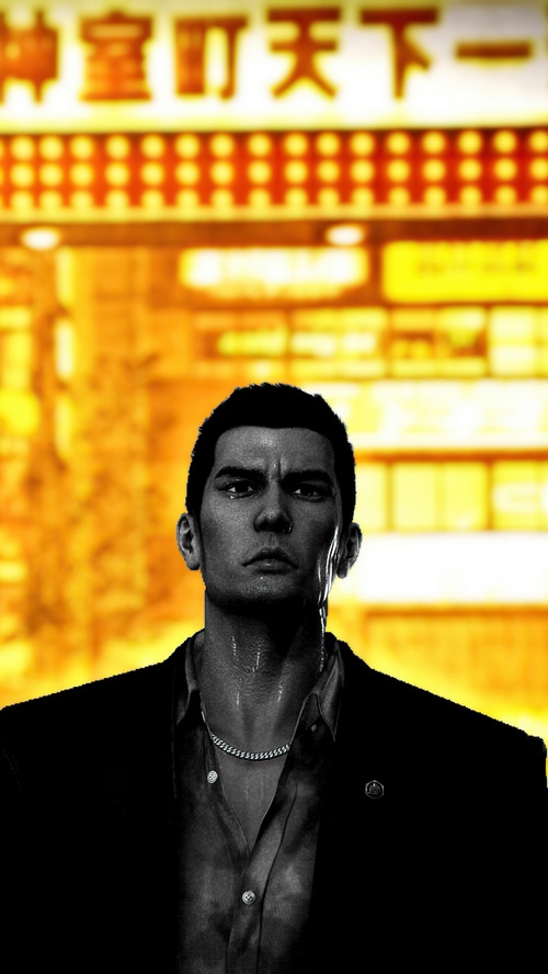 Yakuza 0 Kazuma Kiryu in front of a Japanese sign