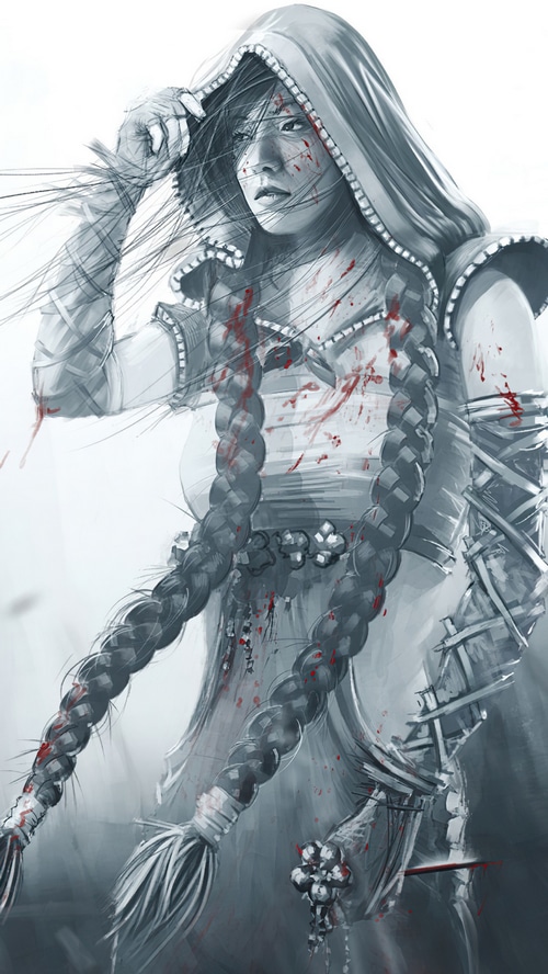 Bloody warrior woman with braided hair and hood