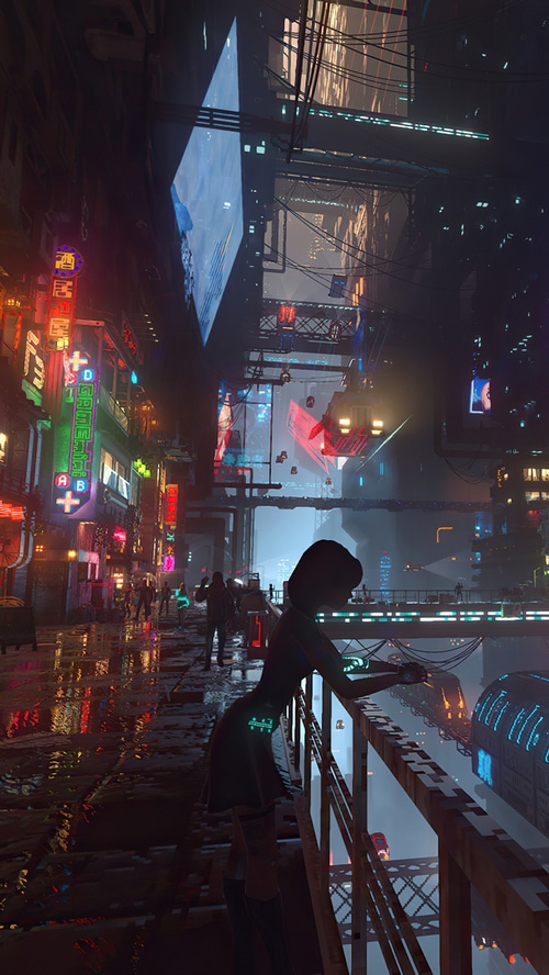 Cyberpunk Cityscape with Woman Overlooking Neon Streets