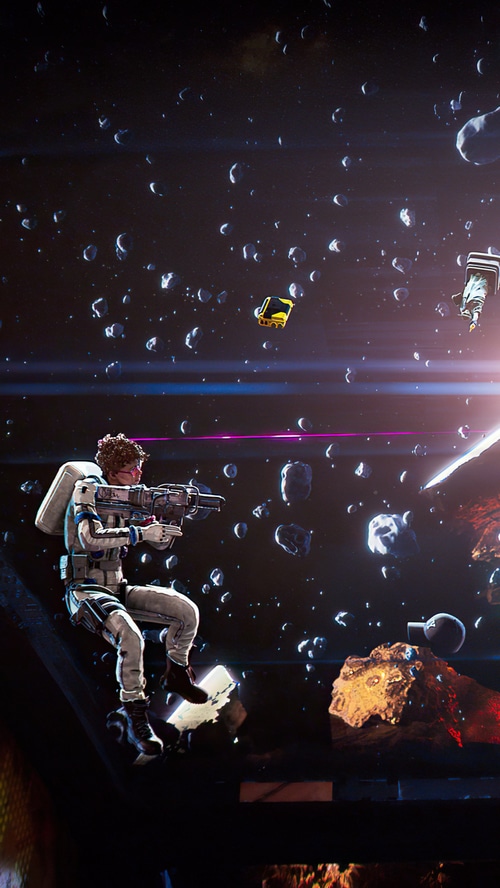 Astronaut with gun in asteroid field