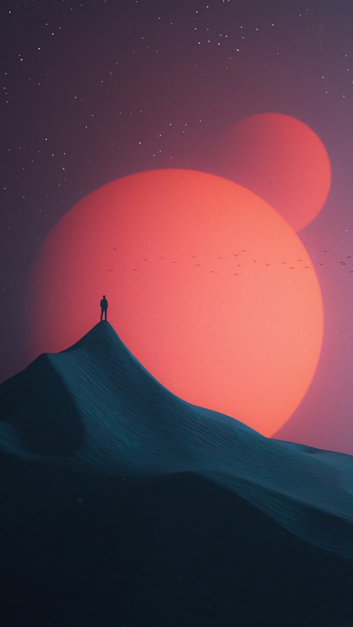 Digital art of a lone figure on a mountain