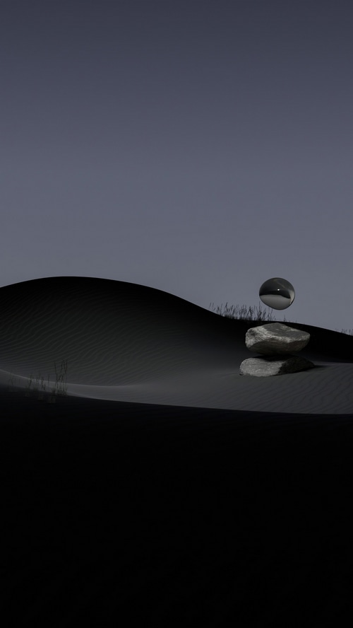 Digital art of a glass sphere and rocks on sand dunes