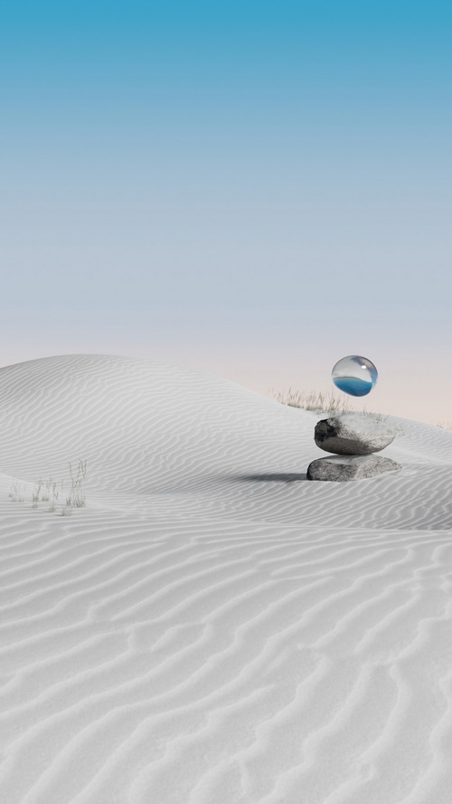 Digital art of a desert landscape with a glass orb