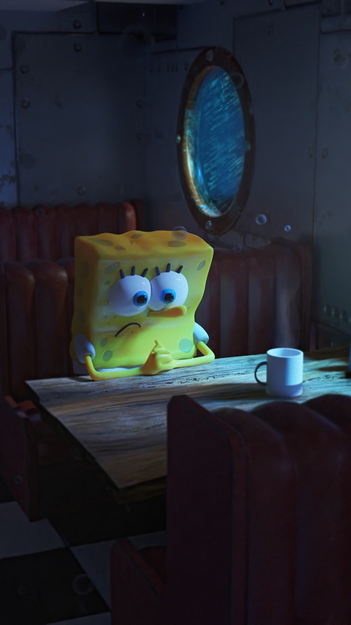 SpongeBob SquarePants sitting in a diner booth