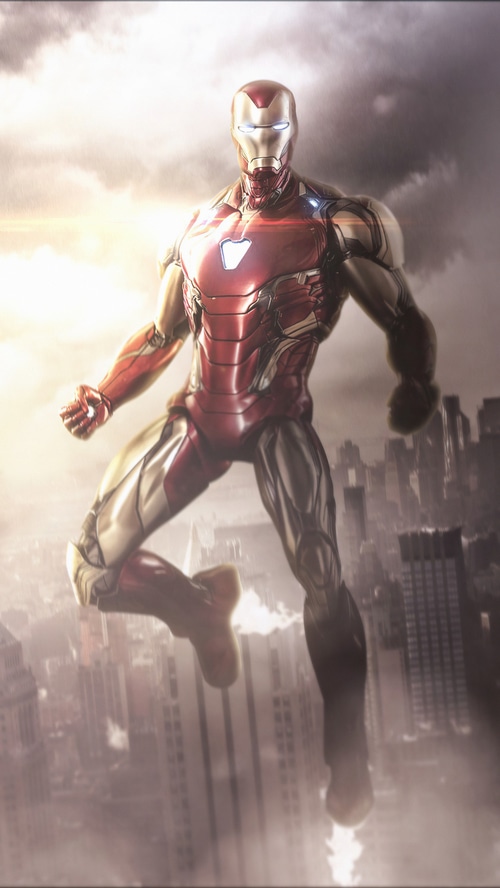 Iron Man in flight over a city