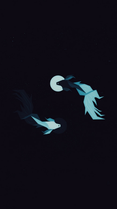 Minimalist digital art of two fish in dark space