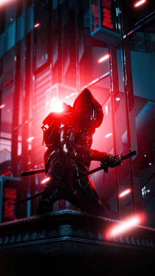 Cyberpunk ninja with swords in neon city