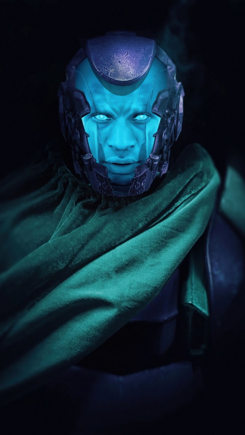 Kang the Conqueror in a blue helmet and green cloak