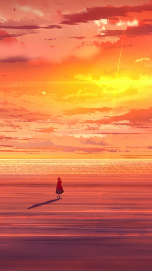Anime girl walking on a beach at sunset