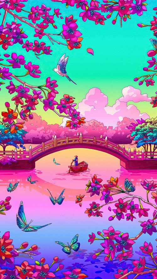 Digital Art of a Cherry Blossom Landscape with a Boat