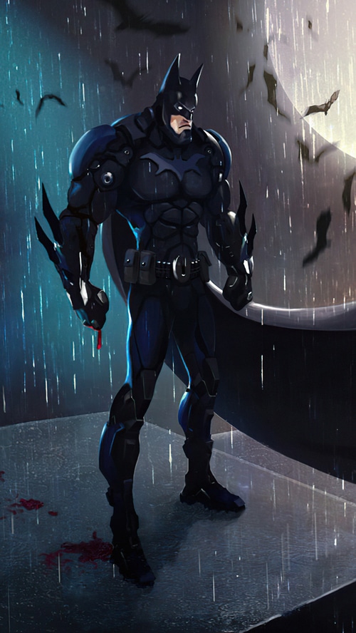Batman standing in the rain with bats flying
