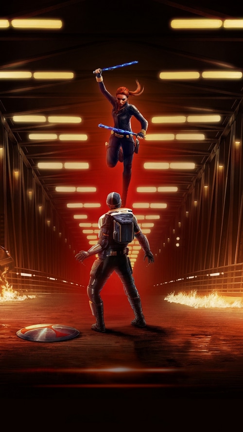 Black Widow and Taskmaster fight on a bridge