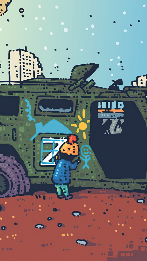 Child drawing on a military vehicle