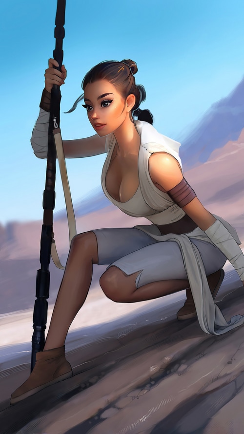 Rey from Star Wars holding a staff