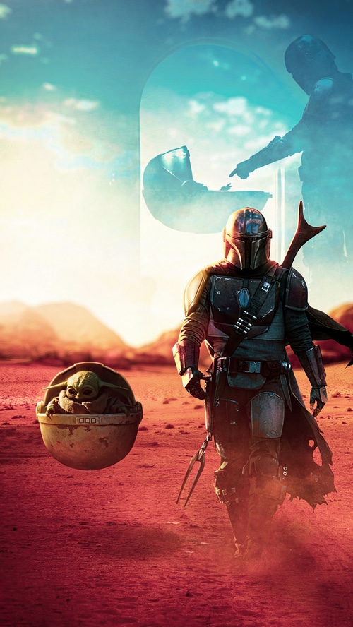 The Mandalorian and Grogu on a desert planet