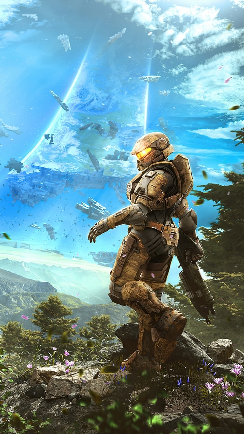 Master Chief in Halo with a planet in the background