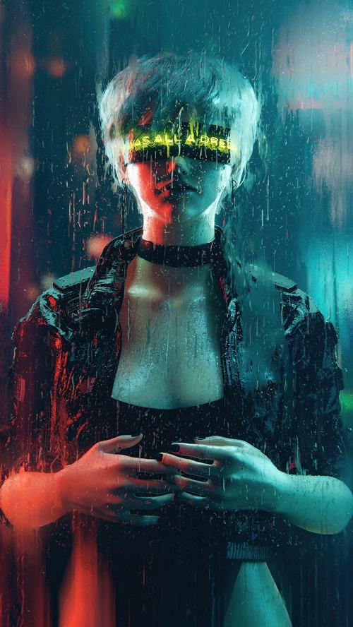Cyberpunk woman with neon blindfold in the rain