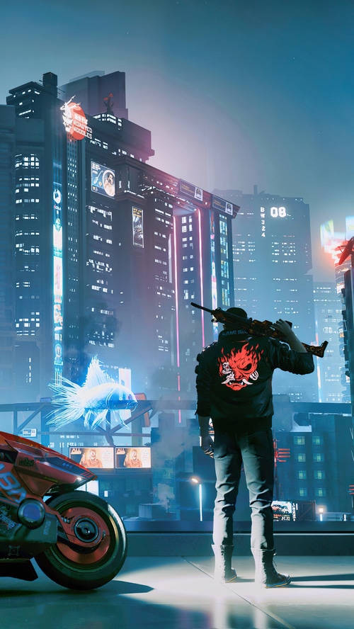 Cyberpunk 2077 character with rifle and motorcycle
