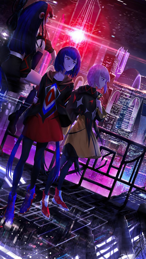 Anime girls in a futuristic city at night