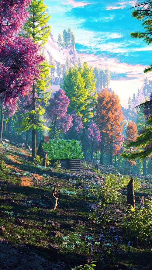 Digital art of a fantasy forest with a cabin