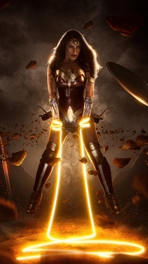 Wonder Woman with glowing bracelets and sword