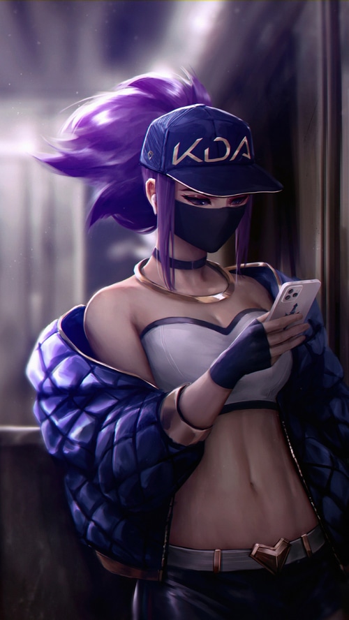 Akali from KDA League of Legends holding a phone