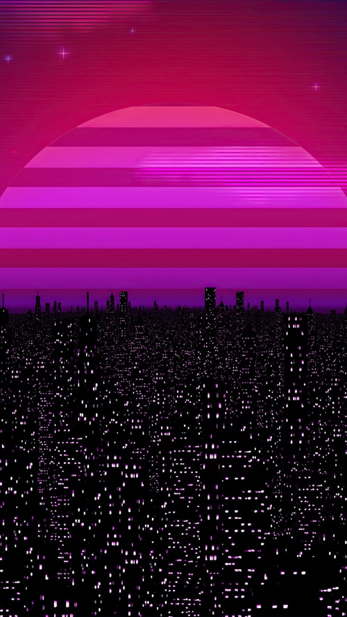 Synthwave Cityscape with Striped Sunset