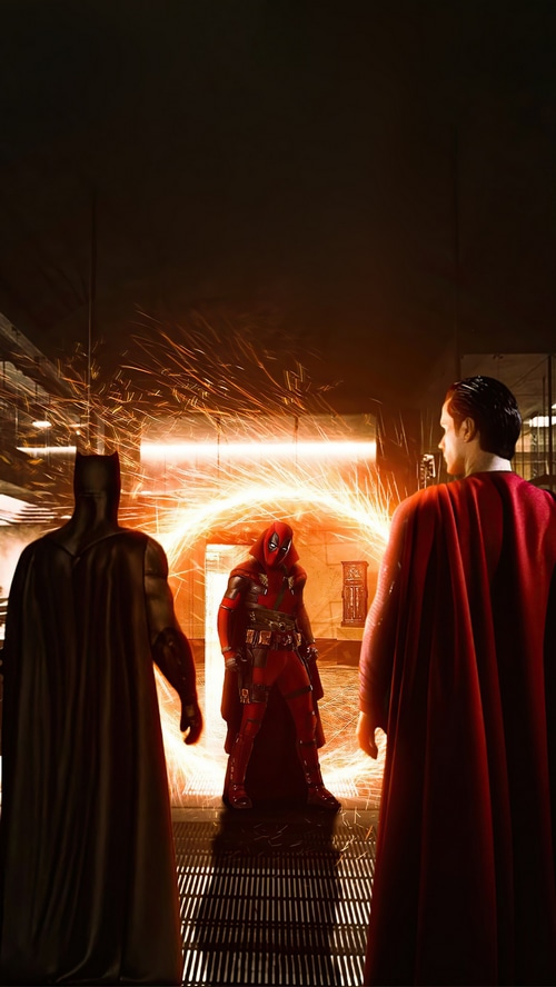 Deadpool, Batman, and Superman confront each other