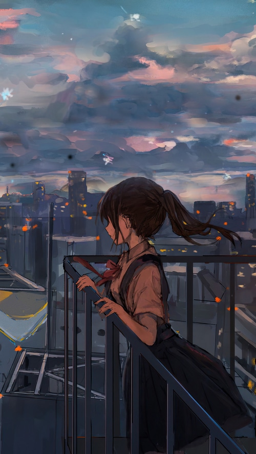 Anime girl overlooking a cityscape at dusk
