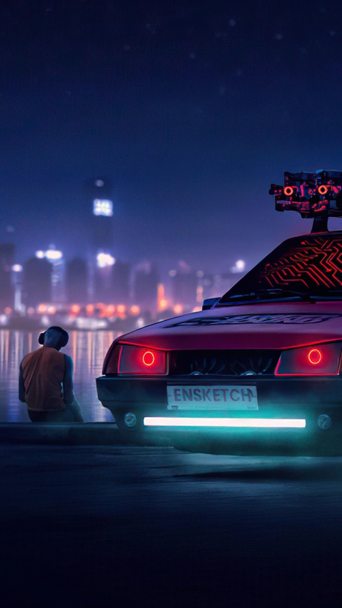 Sci-fi car with glowing lights and a person in a city