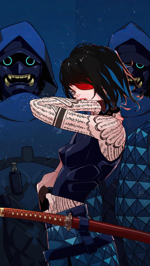 Cyberpunk artwork of a tattooed woman with a katana