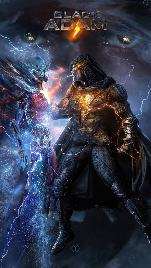 Black Adam fighting a blue energy being