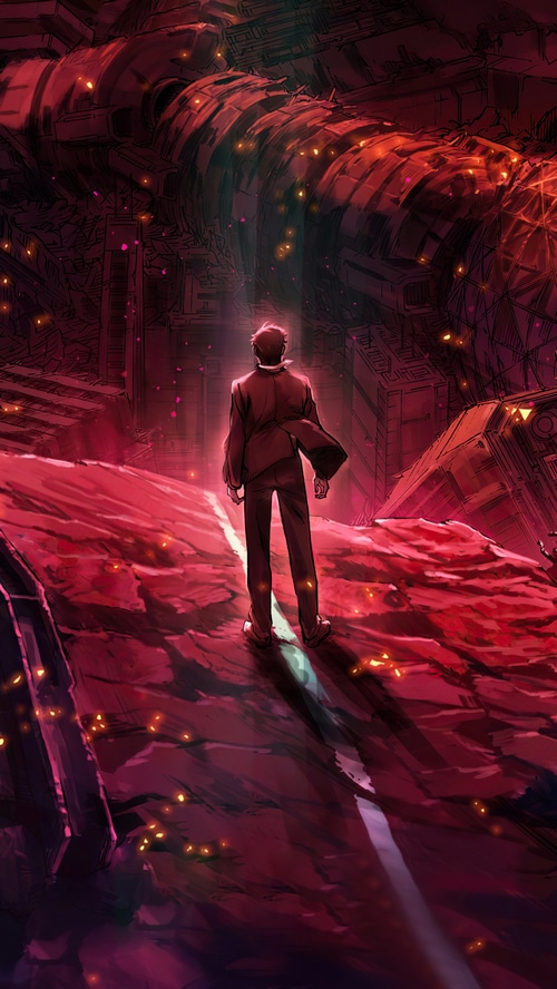 Anime character in a destroyed futuristic city