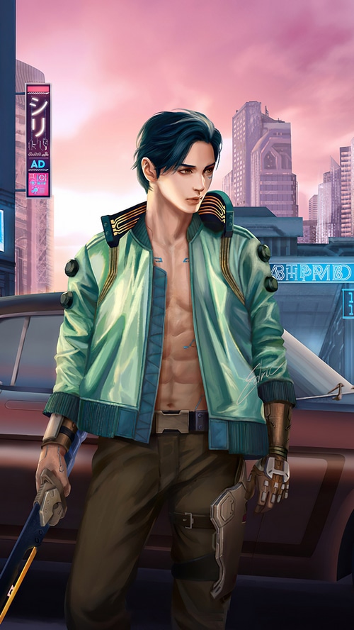 Cyberpunk man with sword in futuristic city