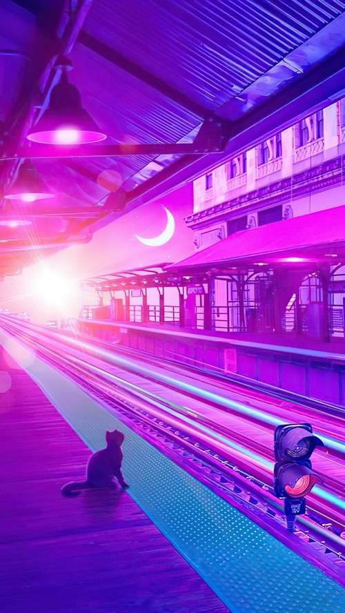 Synthwave cat at a train station at night